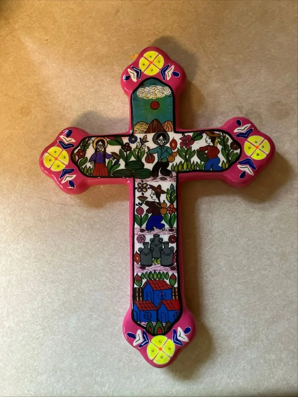 J Ascencion P Guerrero Mexico Ceramic Folk Art Cross Hand Painted Farmers